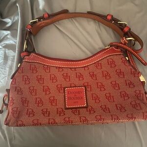 Dooney & Bourke Red Logo Jacquard Shoulder Bag with Tan Leather Trim